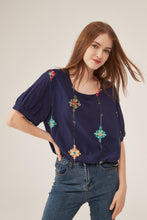 Load image into Gallery viewer, Navy Blue Floral Embroidery Puff-Sleeve Loose Blouse