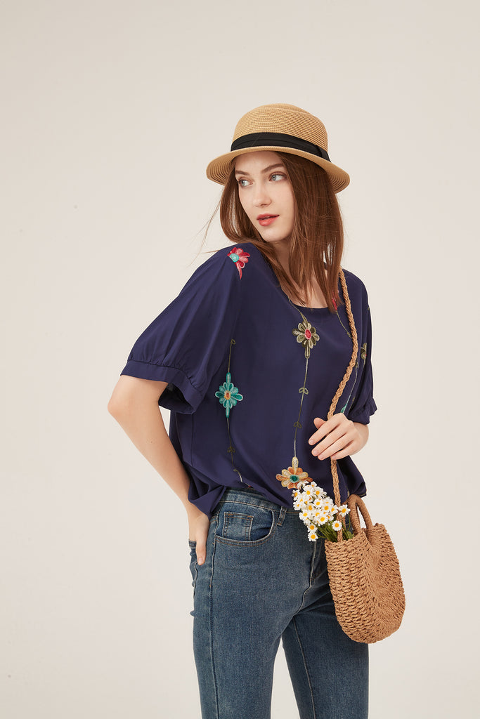 Navy Blue Floral Embroidery Puff-Sleeve Loose Blouse