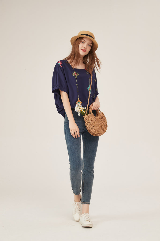 Navy Blue Floral Embroidery Puff-Sleeve Loose Blouse