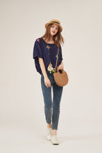 Load image into Gallery viewer, Navy Blue Floral Embroidery Puff-Sleeve Loose Blouse