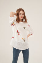 Load image into Gallery viewer, Lace Panel Floral Embroidery 34-Sleeve Loose White Blouse