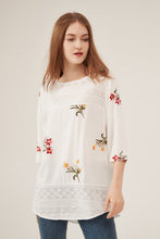 Load image into Gallery viewer, Lace Panel Floral Embroidery 34-Sleeve Loose White Blouse