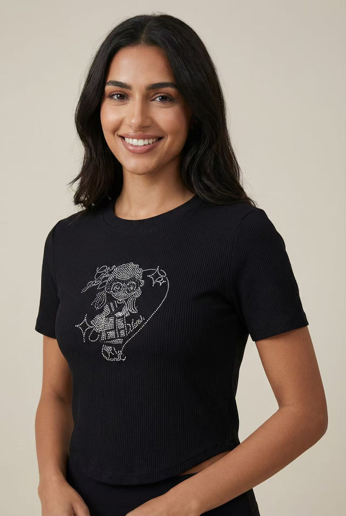 Curved Hem Rhinestone Graphic Ribbed Tee