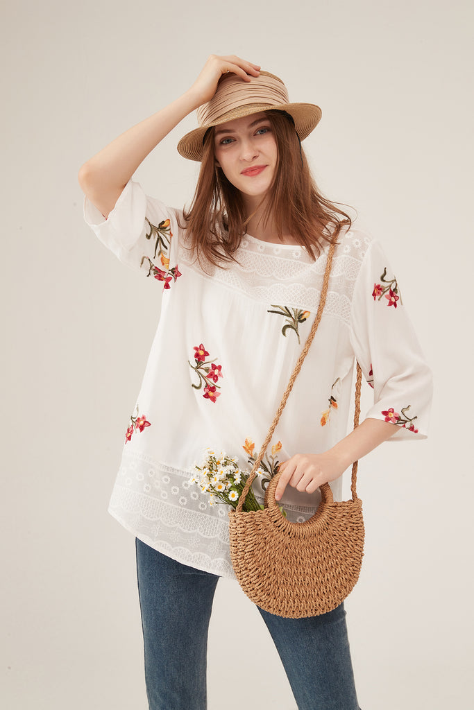 Lace Panel Floral Embroidery 34-Sleeve Loose White Blouse