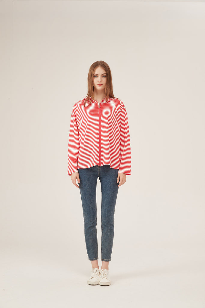 Red & White Stripe Zip-Up Hooded Jacket