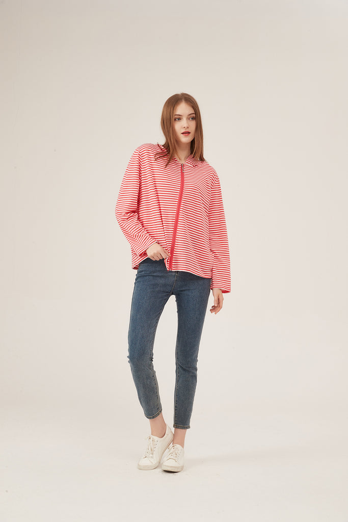 Red & White Stripe Zip-Up Hooded Jacket