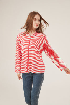 Red & White Stripe Zip-Up Hooded Jacket