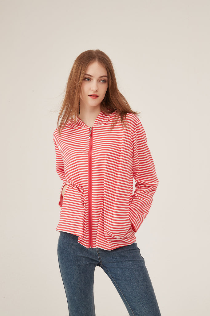 Red & White Stripe Zip-Up Hooded Jacket