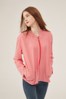Red & White Stripe Zip-Up Hooded Jacket