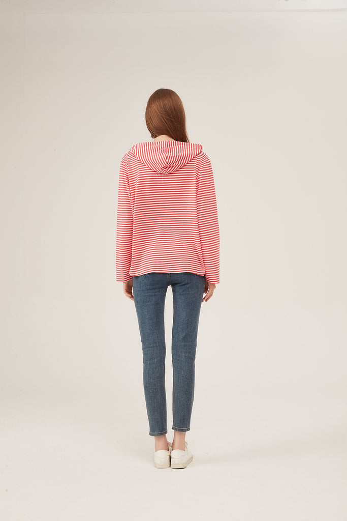 Red & White Stripe Zip-Up Hooded Jacket