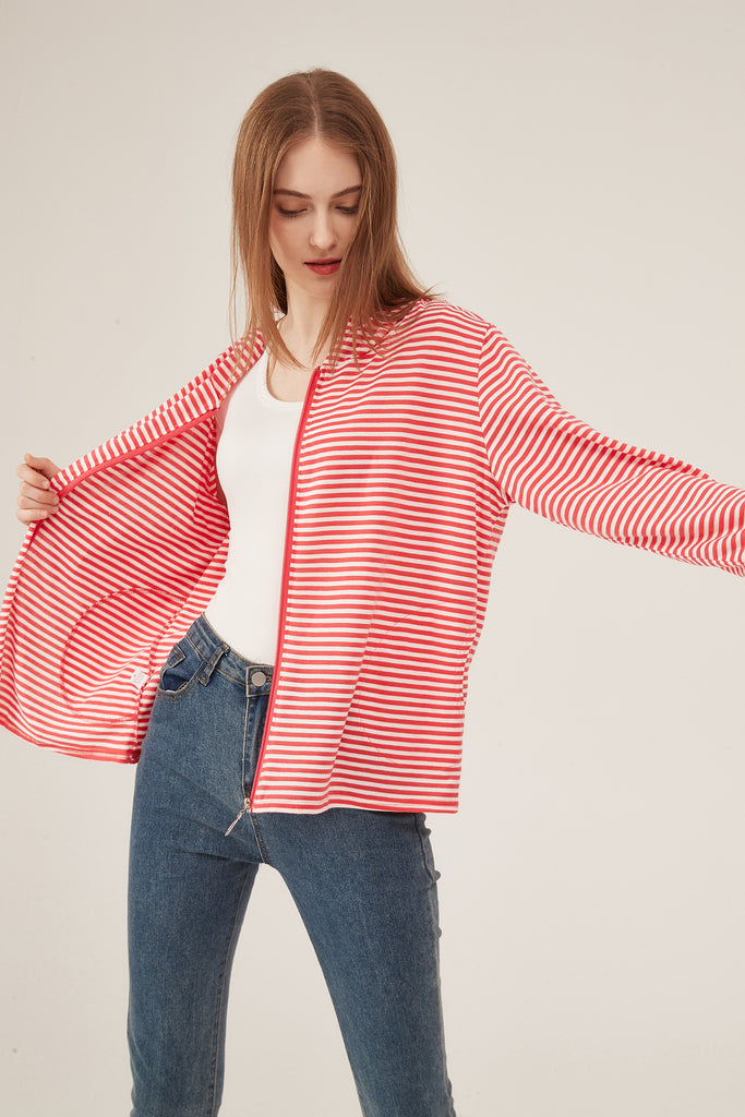 Red & White Stripe Zip-Up Hooded Jacket