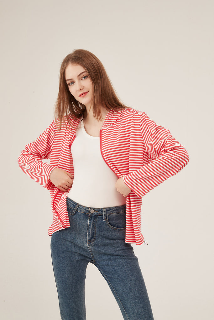Red & White Stripe Zip-Up Hooded Jacket