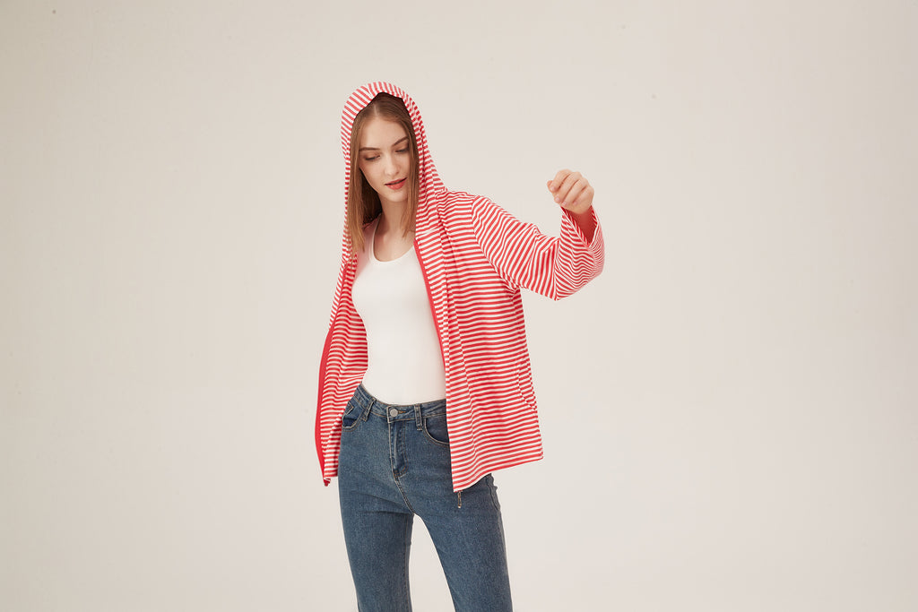 Red & White Stripe Zip-Up Hooded Jacket