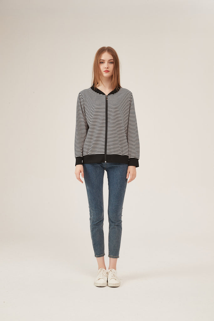 Black & White Stripe Bomber Jacket with Contrast Trim