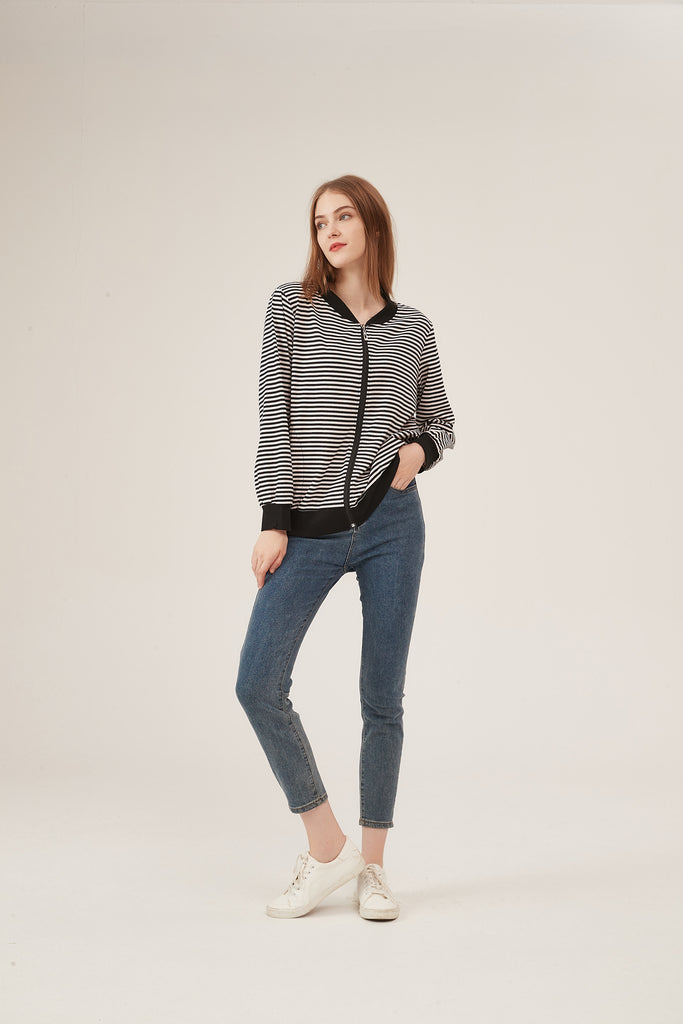 Black & White Stripe Bomber Jacket with Contrast Trim