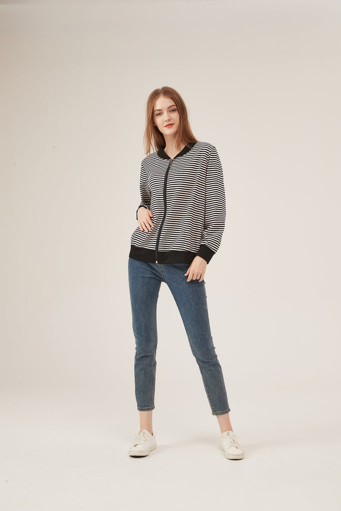 Black & White Stripe Bomber Jacket with Contrast Trim
