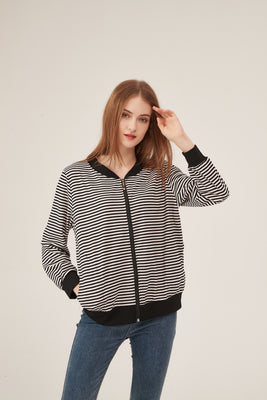 Black & White Stripe Bomber Jacket with Contrast Trim