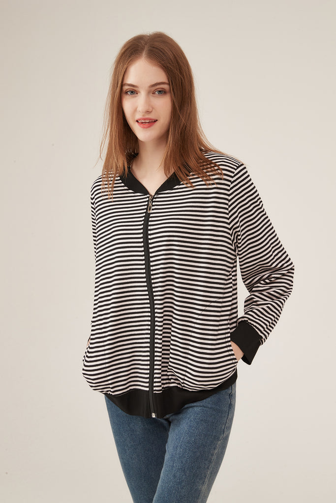 Black & White Stripe Bomber Jacket with Contrast Trim