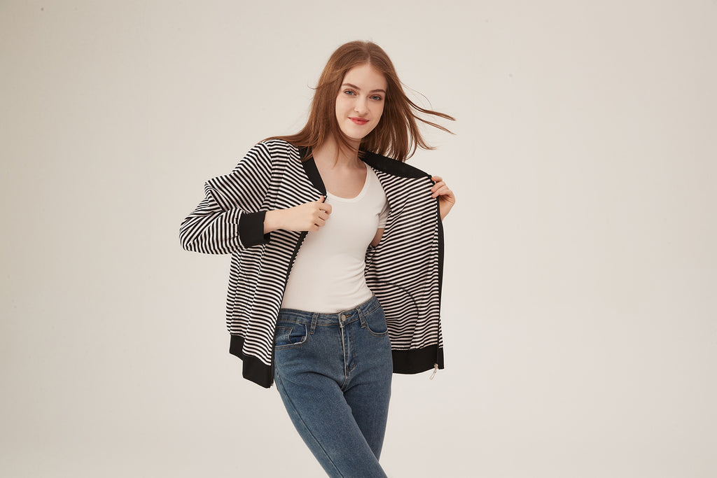 Black & White Stripe Bomber Jacket with Contrast Trim