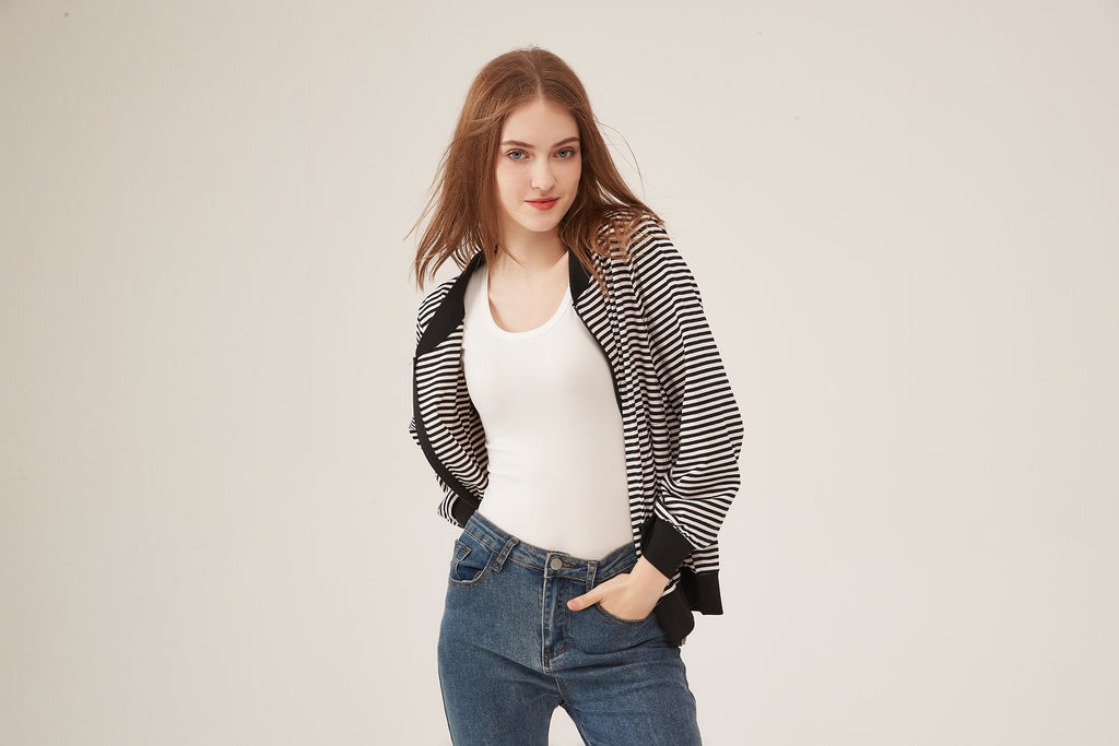 Black & White Stripe Bomber Jacket with Contrast Trim