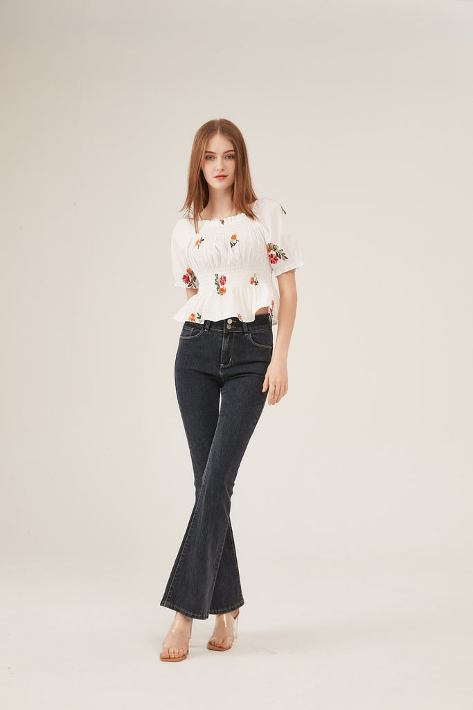 Off-Shoulder Floral Embroidery Smocked Peplum Blouse