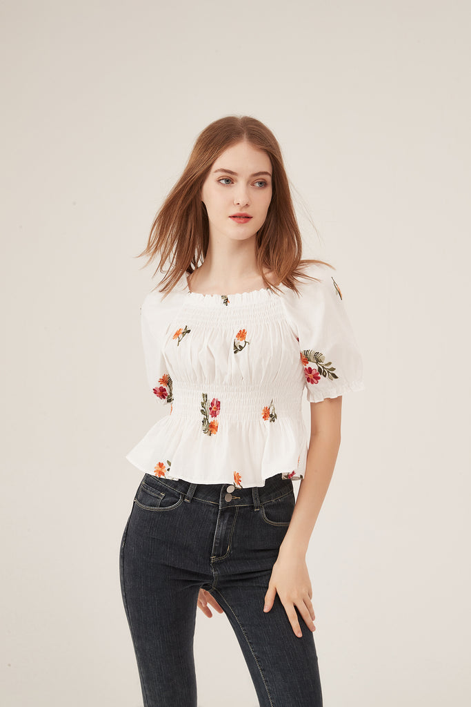 Off-Shoulder Floral Embroidery Smocked Peplum Blouse