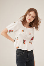 Load image into Gallery viewer, Off-Shoulder Floral Embroidery Smocked Peplum Blouse