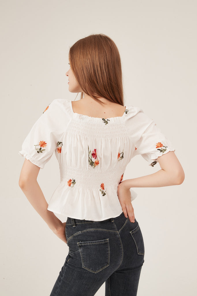 Off-Shoulder Floral Embroidery Smocked Peplum Blouse