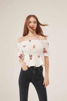 Off-Shoulder Floral Embroidery Smocked Peplum Blouse