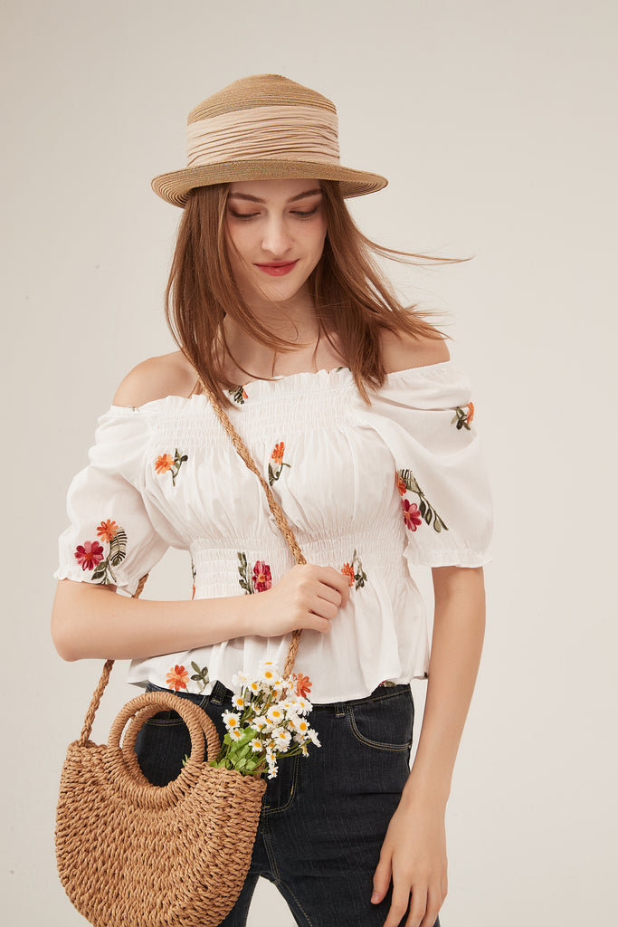 Off-Shoulder Floral Embroidery Smocked Peplum Blouse