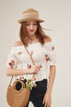 Load image into Gallery viewer, Off-Shoulder Floral Embroidery Smocked Peplum Blouse