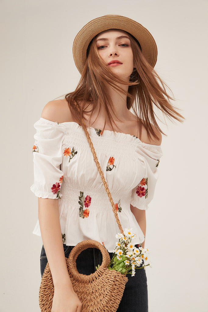 Off-Shoulder Floral Embroidery Smocked Peplum Blouse