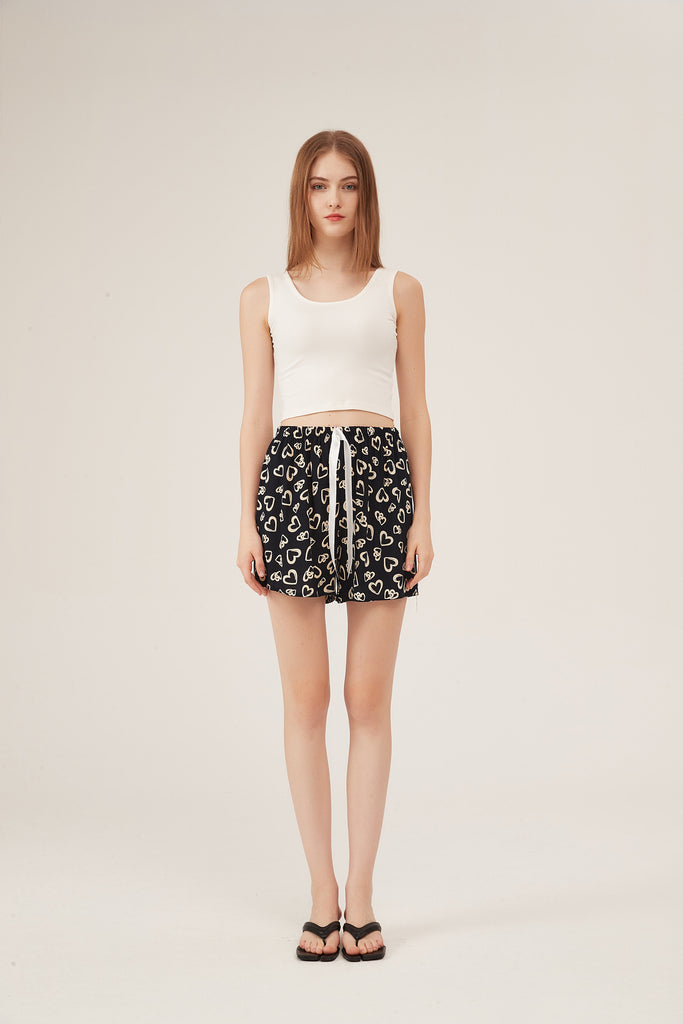 Black Heart-Print Drawstring Lounge Shorts