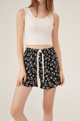 Black Heart-Print Drawstring Lounge Shorts
