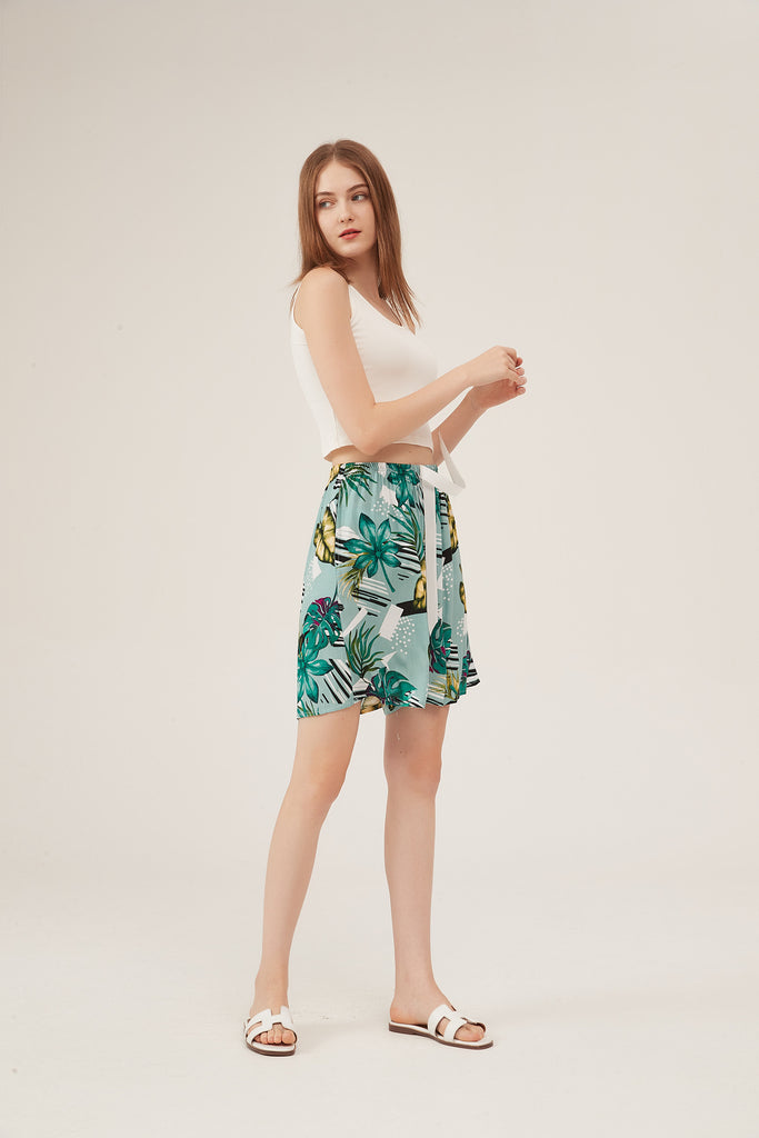Tropical Leaf Print High-Waisted Lounge Shorts