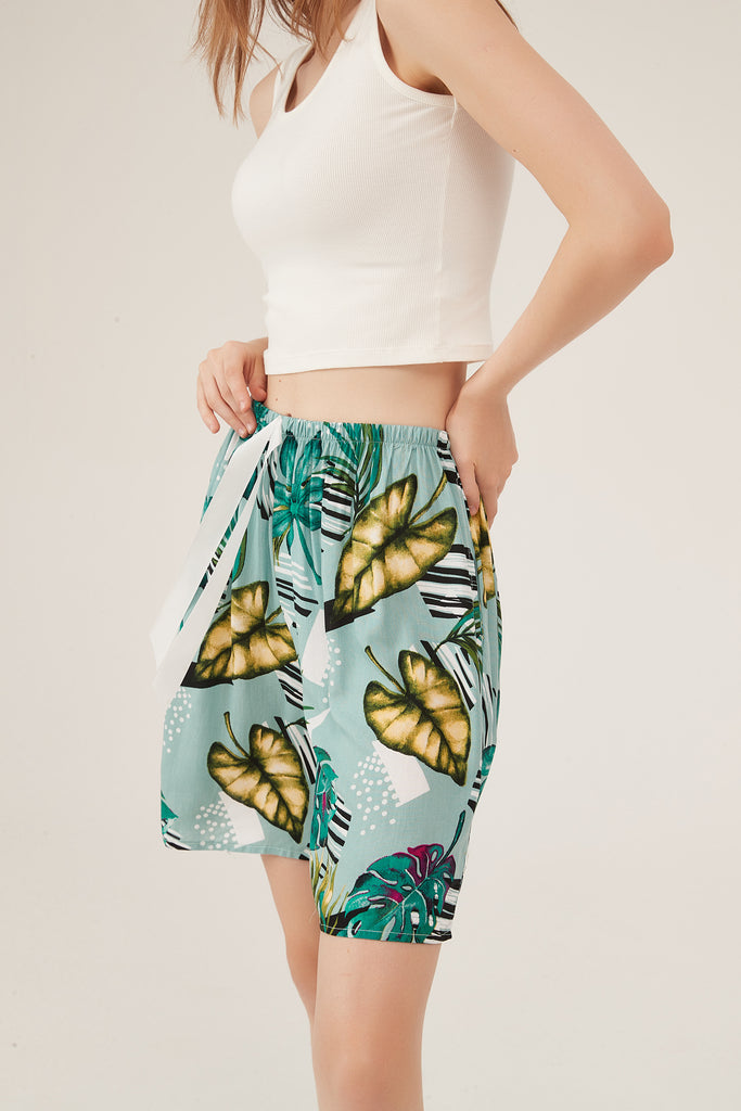 Tropical Leaf Print High-Waisted Lounge Shorts