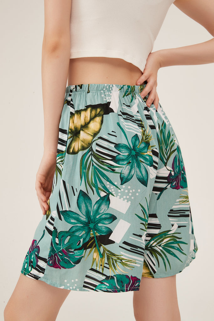 Tropical Leaf Print High-Waisted Lounge Shorts