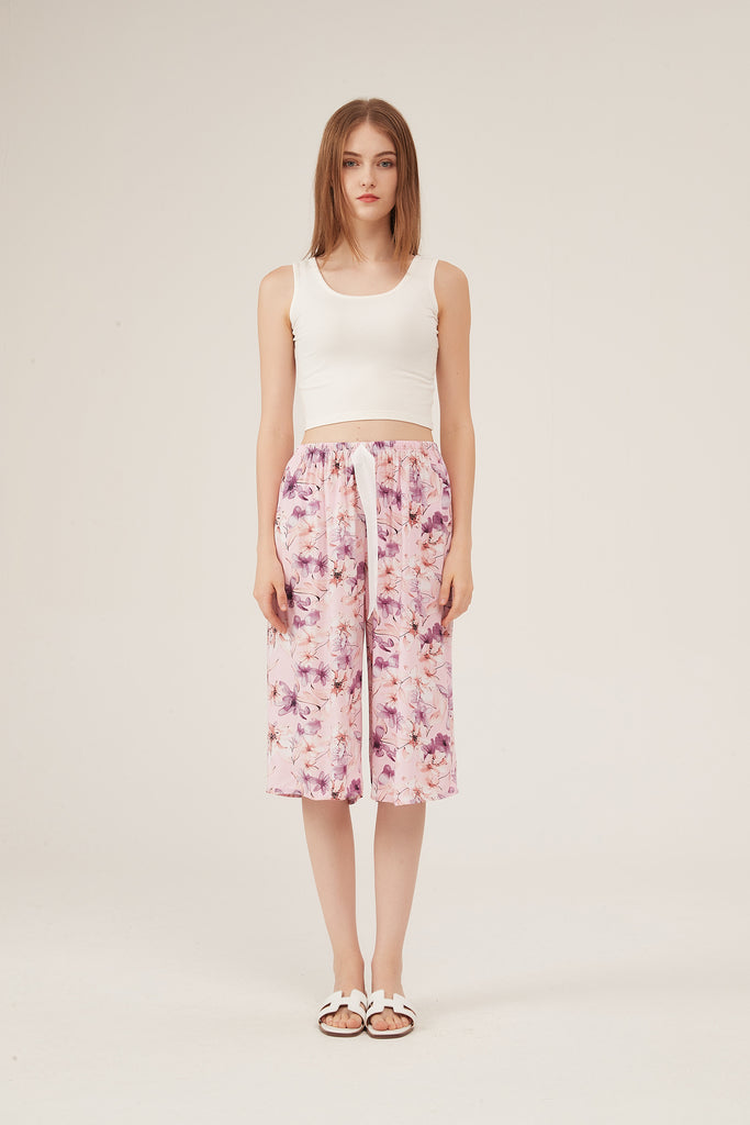 Pink Watercolor Floral Cropped Wide-Leg Pants