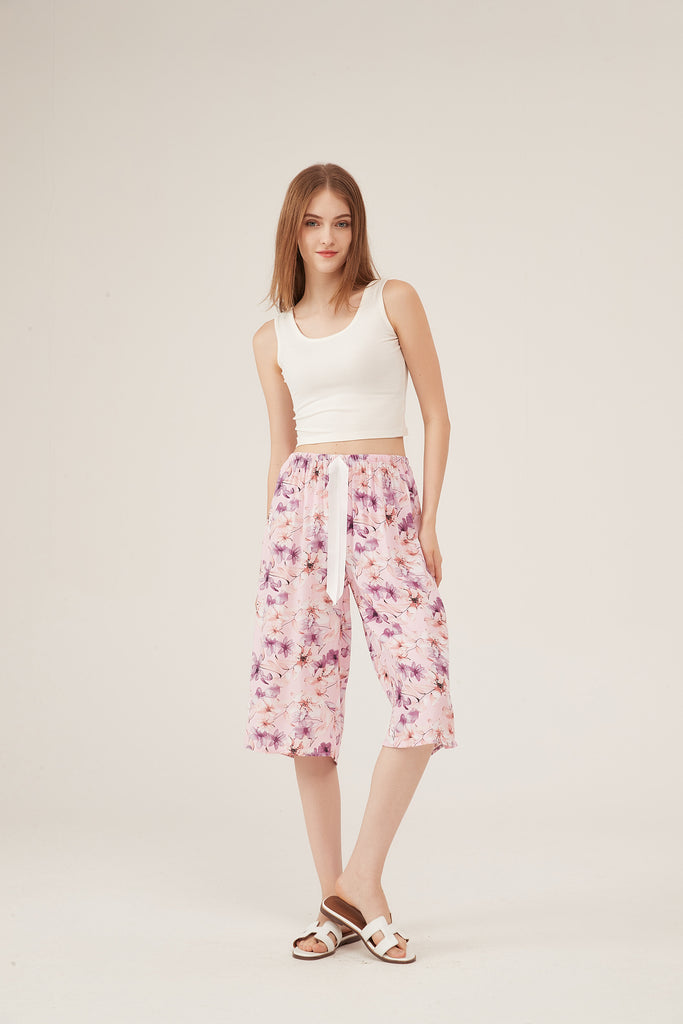 Pink Watercolor Floral Cropped Wide-Leg Pants