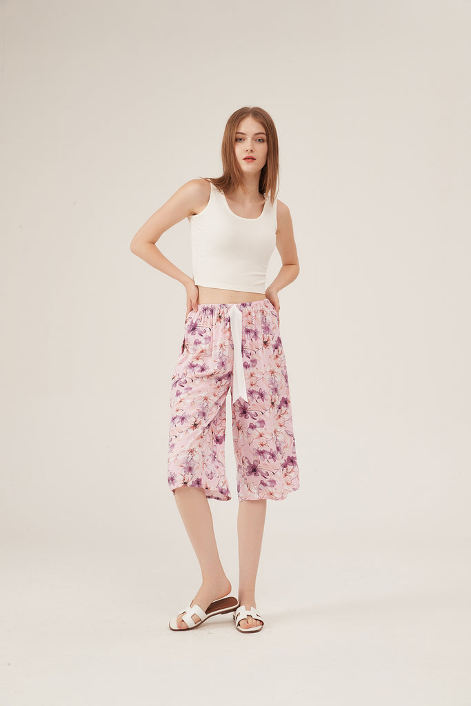 Pink Watercolor Floral Cropped Wide-Leg Pants