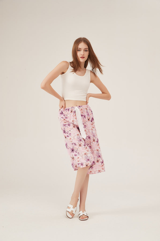 Pink Watercolor Floral Cropped Wide-Leg Pants