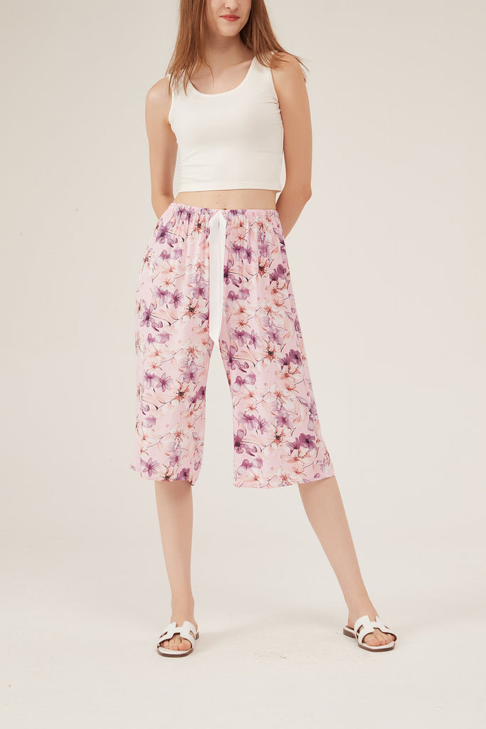 Pink Watercolor Floral Cropped Wide-Leg Pants
