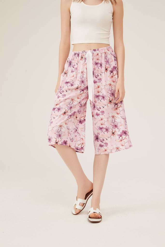 Pink Watercolor Floral Cropped Wide-Leg Pants