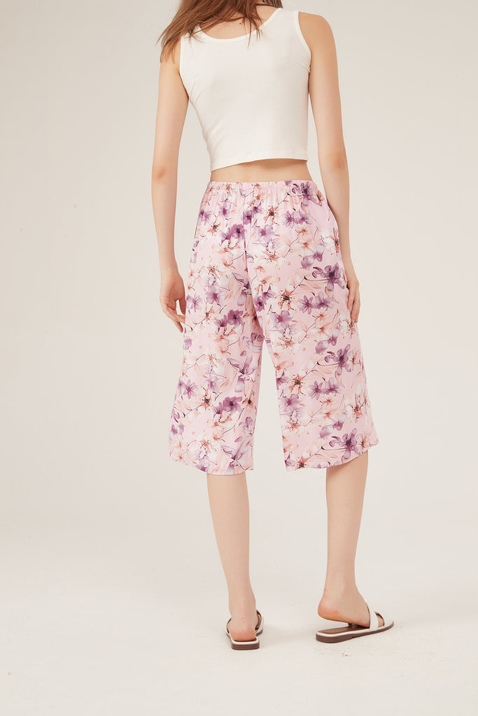 Pink Watercolor Floral Cropped Wide-Leg Pants