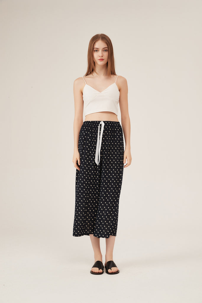 Navy Mini-Print Scalloped-Hem Cropped Pants