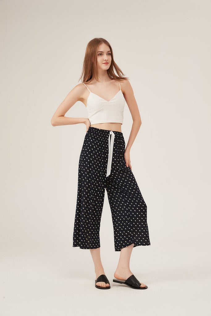 Navy Mini-Print Scalloped-Hem Cropped Pants