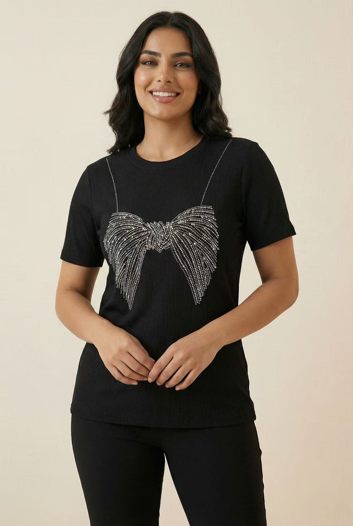 Ribbed Bow Rhinestone Short-Sleeve Tee (Multiple Color Options)