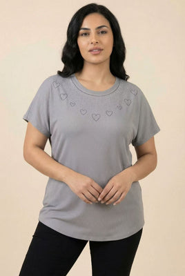 Rhinestone Embellished Ribbed Short-Sleeve Top