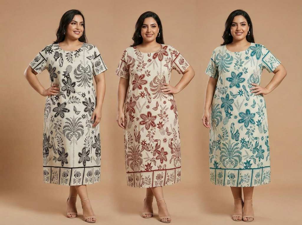 Tropical Botanical-Print Plus-Size Midi Dress (3 Color Options)