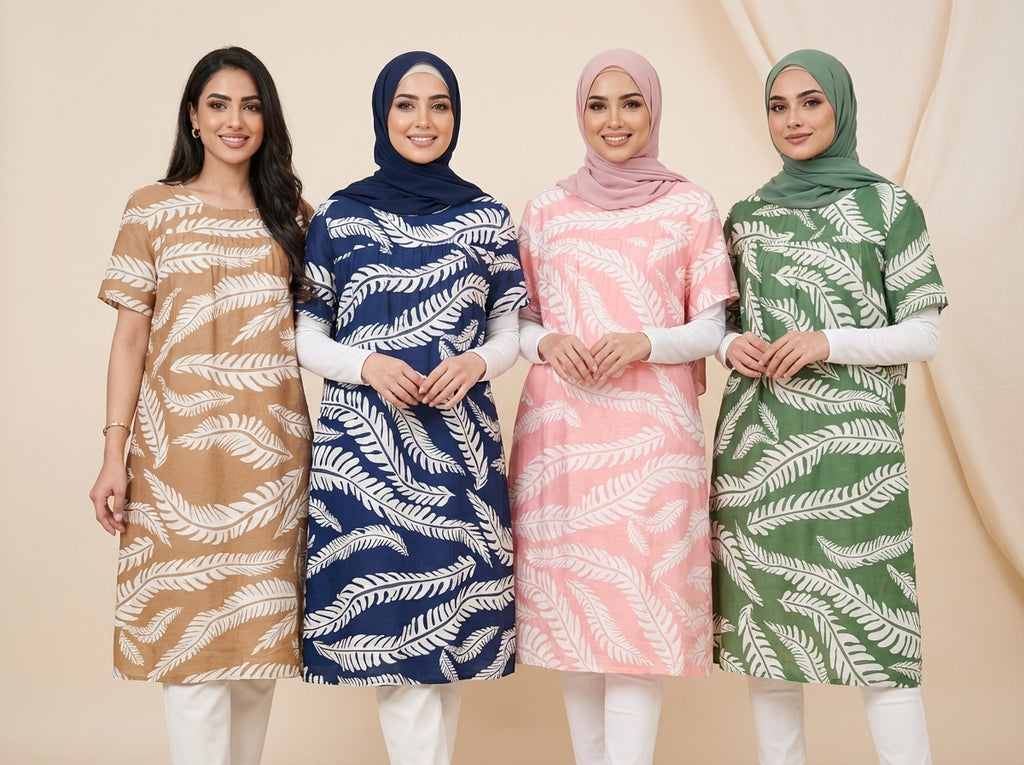 Fern-Print Modest Tunic Dress(4 Color Options)